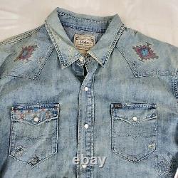 Polo Ralph Lauren Mens Western Patchwork Denim Button Down M Shirt Ltd Edition