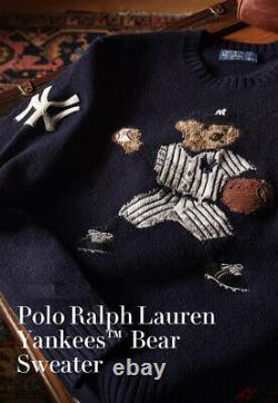 Polo Ralph Lauren New York NY Yankees MLB Leather Wool Cashmere Bear Sweater NWT