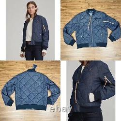 Polo Ralph Lauren Quilted Denim Bomber Jacket Varsity Womens Size M MEDIUM Blue