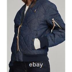 Polo Ralph Lauren Quilted Denim Bomber Jacket Varsity Womens Size M MEDIUM Blue