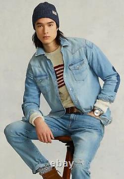 Polo Ralph Lauren RRL Style Distressed Frayed Patchwork Western Denim Shirt New