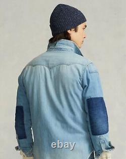 Polo Ralph Lauren RRL Style Distressed Frayed Patchwork Western Denim Shirt New