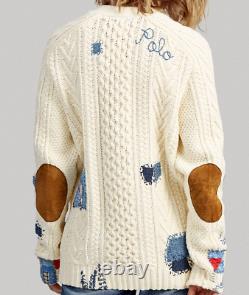 Polo Ralph Lauren Repair Stitch Patchwork Boyfriend Cable Knit Sweater Cardigan