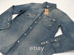 Polo Ralph Lauren Repaired Distressed Stitched Denim Western Cowboy Rodeo Shirt