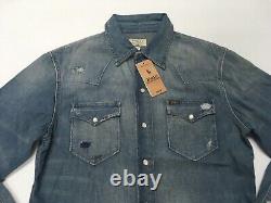 Polo Ralph Lauren Repaired Distressed Stitched Denim Western Cowboy Rodeo Shirt