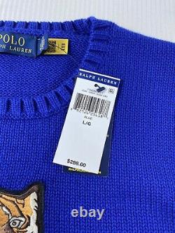 Polo Ralph Lauren Tiger Varsity Letterman Knit Crewneck Sweater Blue NWT Mens L