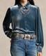 Polo Ralph Lauren X Naiomi Glasses Camp Blue Velvet Button Up Blouse Size 4