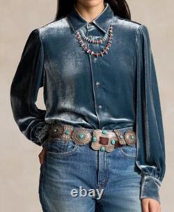 Polo Ralph Lauren x Naiomi Glasses Camp Blue Velvet Button Up Blouse Size 4