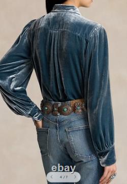 Polo Ralph Lauren x Naiomi Glasses Camp Blue Velvet Button Up Blouse Size 4