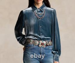 Polo Ralph Lauren x Naiomi Glasses Camp Blue Velvet Button Up Blouse Size 4