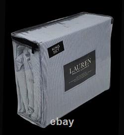 RALPH LAUREN 4 PC King Designer 100% Cotton Blue & White Striped Sheet Set NEW