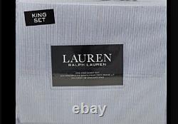 RALPH LAUREN 4 PC King Designer 100% Cotton Blue & White Striped Sheet Set NEW
