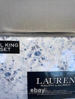 RALPH LAUREN COUNTRY BLUE FLORAL CAL KING SHEET SET 4 PC White NEW S45