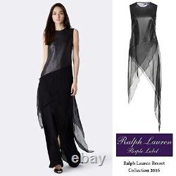 RALPH LAUREN PURPLE LABEL Resort Collection'16 NWT 4 Black Leather & Silk Top