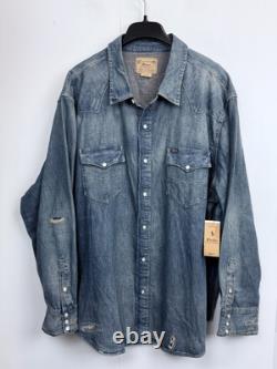 RARE NEW Polo Ralph Lauren Men's 3XB Distressed Denim Western Shirt Pearl Snap