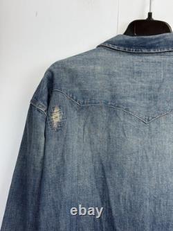 RARE NEW Polo Ralph Lauren Men's 3XB Distressed Denim Western Shirt Pearl Snap