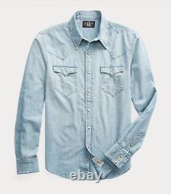 RRL Ralph Lauren Chambray Western Shirt Davey Wash Pearl Snap Mens Small NWT