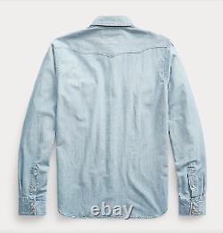 RRL Ralph Lauren Chambray Western Shirt Davey Wash Pearl Snap Mens Small NWT