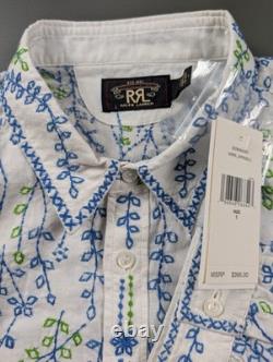 RRL Ralph Lauren Embroidered Shirt Size 1 White Blue Green Floral MSRP $395 NWT