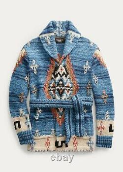 RRL Ralph Lauren Hand Knit Wool Blue Indigo Ranch Belt Cardigan Men's M Medium