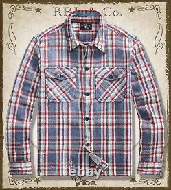 RRL Ralph Lauren Men's Plaid Thick Twill Overshirt Distressed Accent Shirt