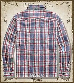 RRL Ralph Lauren Men's Plaid Thick Twill Overshirt Distressed Accent Shirt