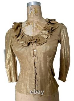 Ralph Lauren Black Label Gold Metallic Ruffled Top Shirt Blouse Sz S Coated New