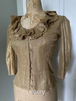 Ralph Lauren Black Label Gold Metallic Ruffled Top Shirt Blouse Sz S Coated New