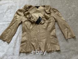 Ralph Lauren Black Label Gold Metallic Ruffled Top Shirt Blouse Sz S Coated New