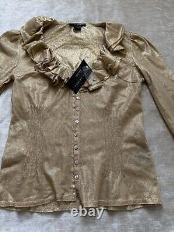 Ralph Lauren Black Label Gold Metallic Ruffled Top Shirt Blouse Sz S Coated New