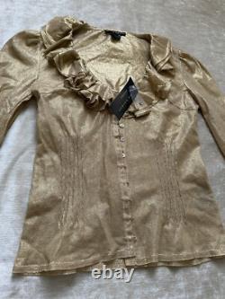 Ralph Lauren Black Label Gold Metallic Ruffled Top Shirt Blouse Sz S Coated New