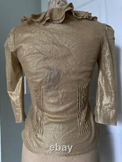 Ralph Lauren Black Label Gold Metallic Ruffled Top Shirt Blouse Sz S Coated New