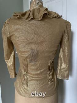 Ralph Lauren Black Label Gold Metallic Ruffled Top Shirt Blouse Sz S Coated New