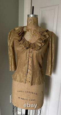Ralph Lauren Black Label Gold Metallic Ruffled Top Shirt Blouse Sz S Coated New