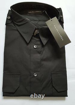 Ralph Lauren Black Label Stretch Cotton Black Military Shirt Sz L Made In Italy