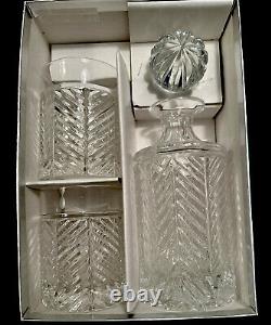 Ralph Lauren Crystal Herringbone Decanter Stopper & 2 Low Ball Glasses New Box