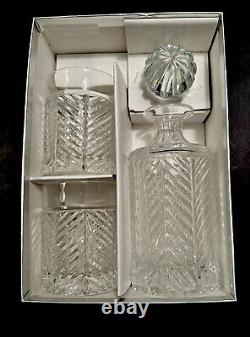 Ralph Lauren Crystal Herringbone Decanter Stopper & 2 Low Ball Glasses New Box