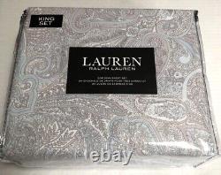 Ralph Lauren KING Sheet Set Blue Taupe Paisley 100% Cotton NEW