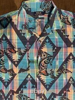 Ralph Lauren Men's Shirt Large Blue Hawaiian Patterned With Pockets