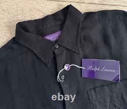 Ralph Lauren Purple Label 100% Linen Pullover Shirt L Black Pocket Logo Italy