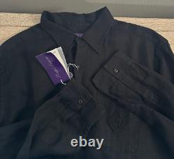 Ralph Lauren Purple Label 100% Linen Pullover Shirt L Black Pocket Logo Italy