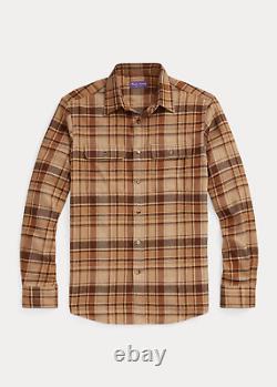 Ralph Lauren Purple Label Camel Multi Plaid Suede Collar Patch Shirt Sz. M $595