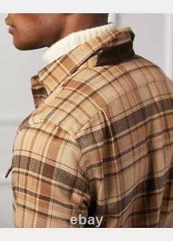 Ralph Lauren Purple Label Camel Multi Plaid Suede Collar Patch Shirt Sz. M $595