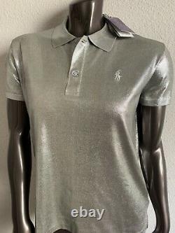 Ralph Lauren Purple Label Logo 100% Silk Polo Shirt XS METALLIC SILVER $690