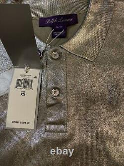 Ralph Lauren Purple Label Logo 100% Silk Polo Shirt XS METALLIC SILVER $690