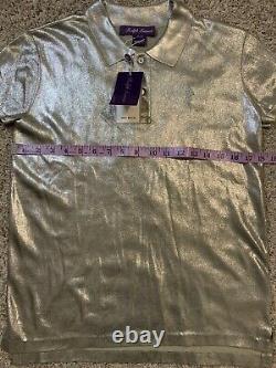 Ralph Lauren Purple Label Logo 100% Silk Polo Shirt XS METALLIC SILVER $690