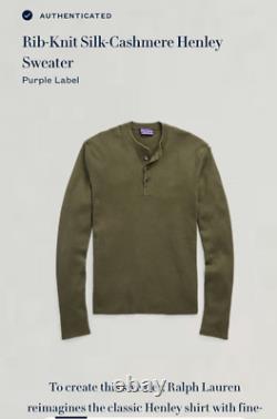 Ralph Lauren Purple Label Rib Knit Silk-Cashmere Henley Sweater L Olive $1695