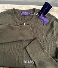 Ralph Lauren Purple Label Rib Knit Silk-Cashmere Henley Sweater L Olive $1695