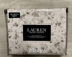Ralph Lauren QUEEN Sheets Grey Floral White 4 PC Sheet Set Country Cottage NEW