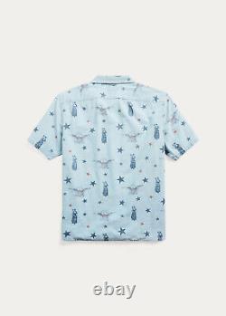 Ralph Lauren RRL Indigo Cotton Allover Star Eagle Print Camp Shirt New $299
